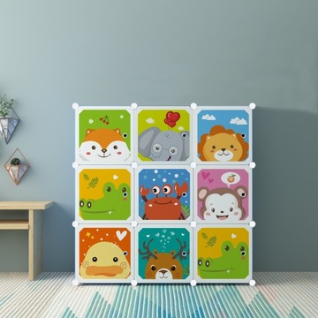 Детский модульный шкаф с 9 полками, комнатной полкой, игрушками, одеждой.