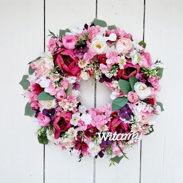 Wianek wiosenny letni ślubny powitalny na drzwi WITAMY 42cm delikatny kwiat