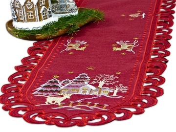Świąteczny bieżnik haftowany|40x160 owalny, bordowy PREZENT