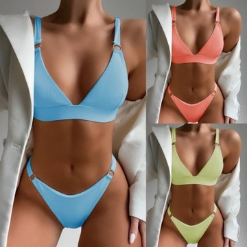 Bra Stripe Bikini Sexy V-neck Solid Split Swimsuit