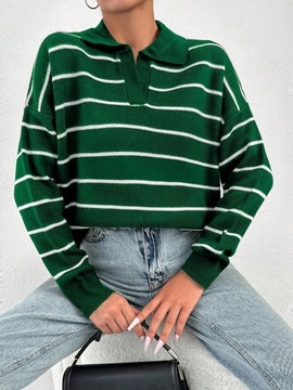 Shein zielony sweter v-neck w paski NJ2 jib L