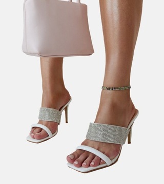 Sandały damskie białe na szpilce z cyrkoniami sandałki 28154 rozmiar 38