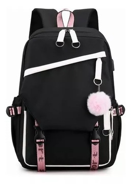 MŁODZIEŻOWY PLECAK KAWAII W KOREAŃSKIM STYLU Z PORTEM USB, KOLOR CZARNY