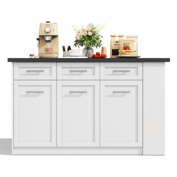 150+96cm White Kitchen Island w/ Extendable Table, Marble Top & Storage