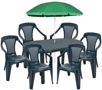 6+1 ZIELONY BRYLANT ZESTAW PLASTIKOWY STÓŁ KRZESŁA PARASOL