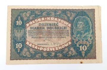 Старая коллекционная банкнота номиналом 10 польских марок 1919 года, Польша.
