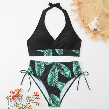 STRÓJ KĄPIELOWY DWUCZĘŚCIOWY KOSTIUM WYSOKI STAN SEXY BIKINI PUSH UP BOHO L