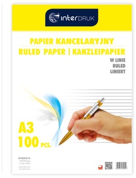 Interdruk PAPIER KANCELARYJNY Biały Kartki A3 w LINIE 100 ark. WYTRZYMAŁY