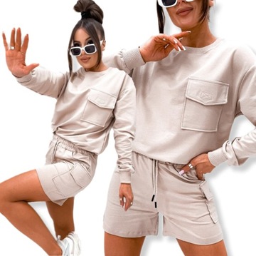 KOMPLET DRESOWY DAMSKI BAWEŁNIANY LETNI BLUZA I SZORTY PREMIUM BEŻ PL XL