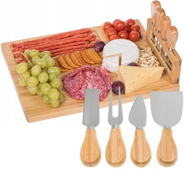 БАМБУКОВАЯ ДОСКА XL ДЛЯ СЫРНЫХ ЗАКУСОК НАБОР НОЖЕЙ ТАРЕЛКА ПОДСТАВКА ДЛЯ СЫРА