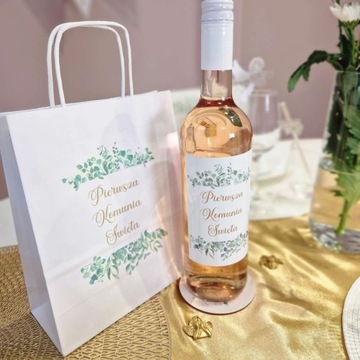 Komunijne NAKLEJKI na butelki etykiety Pierwsza Komunia eukaliptus 5 szt