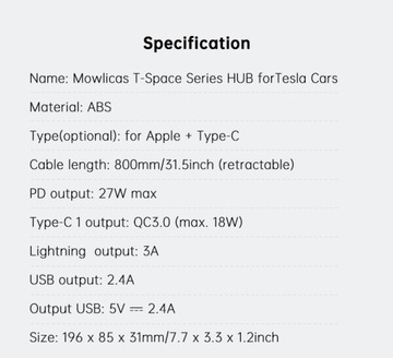 Koncentrator USB Tesla, na lata 2021 2022 2023 2024 Model 3/Y kabel koncentratora stacji dokującej