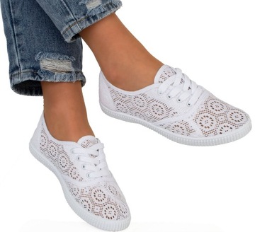 8183 BIAŁE AŻUROWE BALERINKI KORONKOWE TENISÓWKI SLIP ON 40