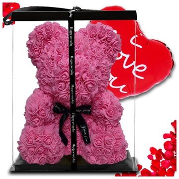 DUŻY MIŚ Z RÓŻ CIEMNY RÓŻOWY WALENTYNKI PREZENT DZIEŃ MAMY BABCI 25CM XL 3D