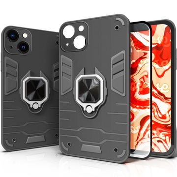 ETUI PANCERNE DO IPHONE 13 CZARNE OBUDOWA ARMOR HOLDER RING CASE + SZKŁO 9H