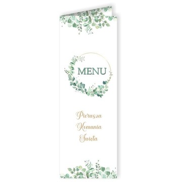 MENU do potraw papierowe KOMUNIA ŚWIĘTA eukaliptus jadłospis x3