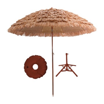 Parasol ze słomy z regulacją wysokości i kątem pochylenia. Czteroosobowa podstawa plażowa