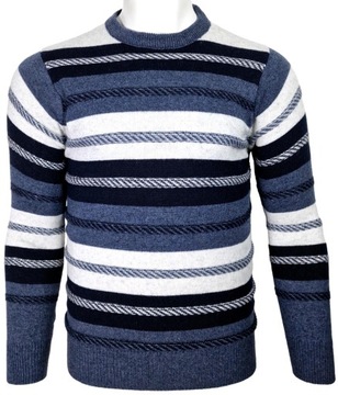 Sweter męski wełniany w paski W456 ciepły beżowy granatowy r. XXL