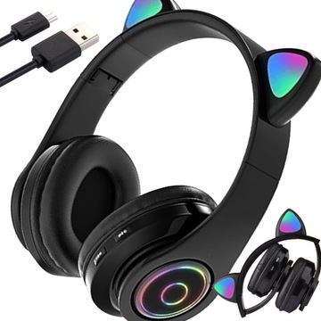 SŁUCHAWKI DLA DZIECKA BLUETOOTH LED RGB KOTA USZY BEZPRZEWODOWE ŚWIECĄCE