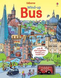 Wind-up bus book with slot-together tracks