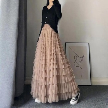 Women Pleated Tutu Long Skirts Ruffles Design Eleg