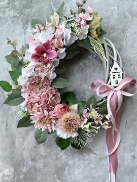 WIANEK KWIATOWY WIOSENNY NA DRZWI STROIK WIENIEC RÓŻOWY DUŻY WIKLINOWY