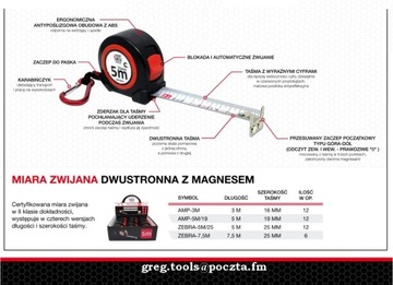 MIARA DWUSTRONNA Z MAGNESEM I KARABIŃCZYKIEM 5M/19