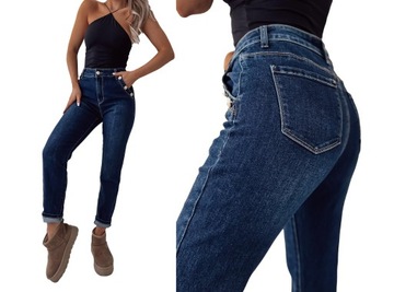PREMIUM WYGODNE I ELASTYCZNE SPODNIE JEANSY MOM FIT GRANATOWE Z GUZIKAMI 38