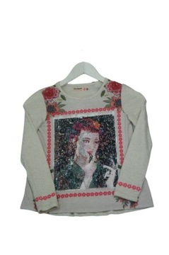 DESIGUAL KREMOWA BLUZKA CEKINY PRINT (7-8L)