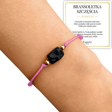 DAMSKA BRANSOLETKA CZARNY TURMALIN RÓŻOWY SZNUREK SZCZĘŚCIA OCHRONNA AMULET