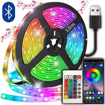 TAŚMA LED RGB 15m USB LEDY 5050 APLIKACJA PILOT kolorowa listwa oświetlenie