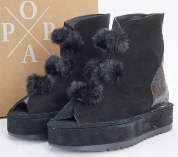 POPA MONTBLANC czarne skórzane botki peep toe pompony odkryta pięta r. 40