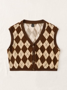 TOP BRĄZOWA KRÓTKA KAMIZELKA ROZPIANA WZÓR ROMBY VINTAGE SHEIN 36