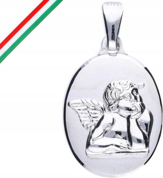 Srebrny medalik 925 owalny z aniołkiem chrzest Komunia na prezent uniseks