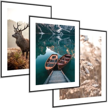 3 x PLAKAT OBRAZ jeleń góry jezioro łódka 50x70 trawy boho turkus beż