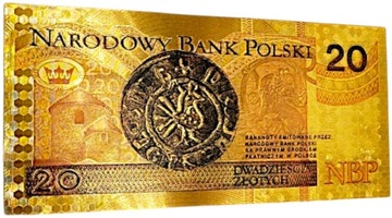 Красивая коллекционная позолоченная банкнота из ПВХ номиналом 20 злотых BOLESŁAW CHROBRY
