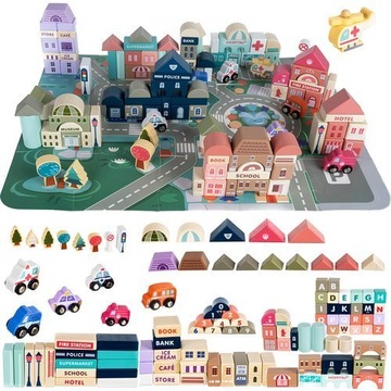 DREWNIANE KLOCKI MIASTO AUTKA 115 KLOCKÓW PUZZLE