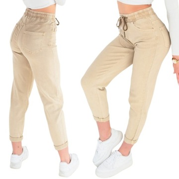 Beżowe damskie spodnie elastyczne jeansy podwijane nogawki guma w pasie M
