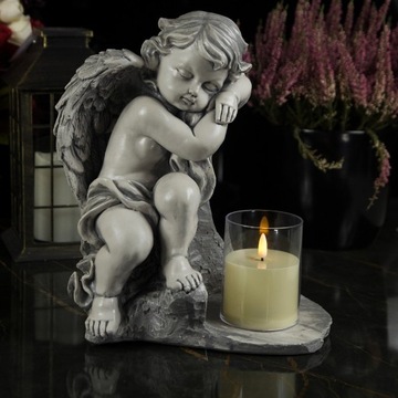 DUŻY SZARY ANIOŁ GIPSOWY + ŚWIECA FIGURKA NAGROBNA Podstawka pod ZNICZ