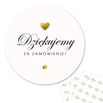 Naklejki 'Dziękujemy za zamówienie' ze złotym sercem - 4cm - arkusz A4