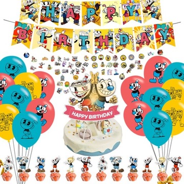 Dekoracje urodzinowe The Cuphead balony toppery girlanda