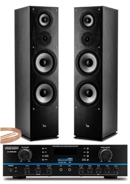 Zestaw Stereo Wzmacniacz + Kolumny Czarne kabel