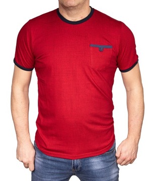 Koszulka męska elegancka jeans czerwona z kieszeń tshirt POLSKA gładka 4XL