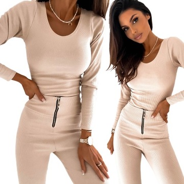 KOMPLET MODNY STYLOWY PRĄŻKOWANY BLUZKA LEGGINSY ZAMEK BEŻOWY L/XL BYSISI