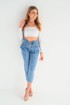 Modelujące spodnie damskie Jeansy MOM FIT wysoki stan luźna nogawka L