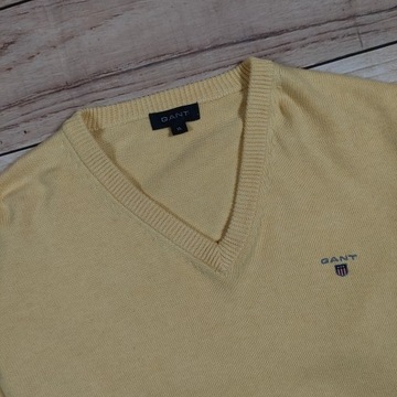 GANT Sweter V Neck Żółty Męski Logowany r. XL