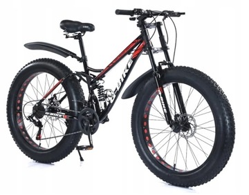 Rower 17 FATBIKE 2 x Amortyzator 21 biegów Koło 26 CZARNO CZERWONY