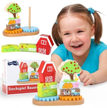 PREZENT DREWNIANA UKŁADANKA NA PALIKU FARMA ZWIERZĘTA MONTESSORI DLA DZIECI