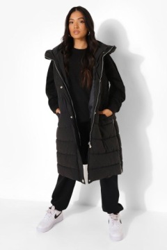 BEZRĘKAWNIK CZARNY KAMIZELKA PIKOWANA OCIEPLANA Z KAPTUREM BOOHOO S