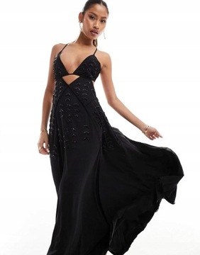 Asos Design jpt maxi połysk sukienka wycięcia ramiączka zdobienie czarna XS
